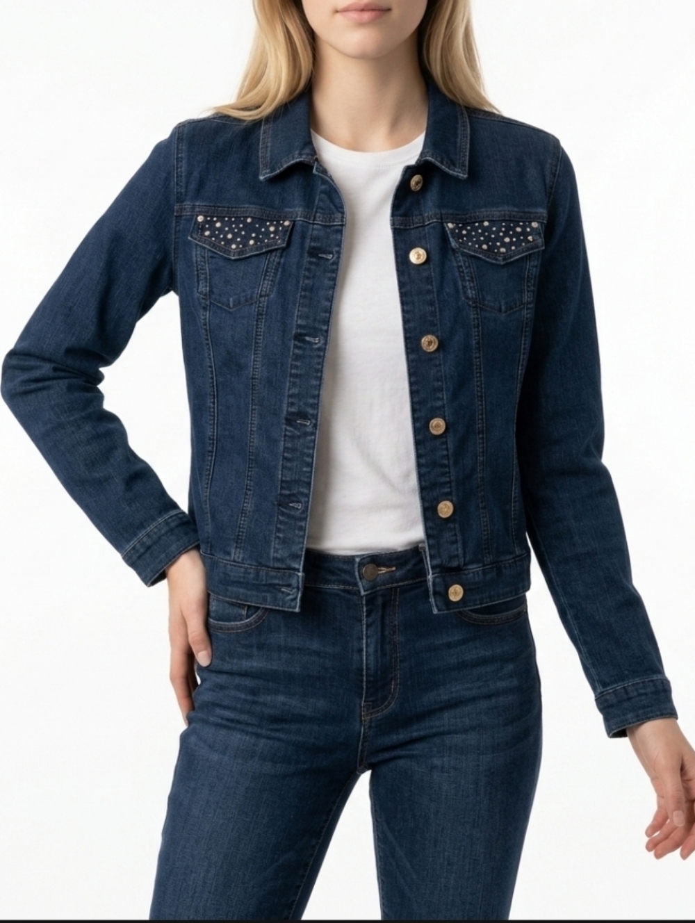 Baccini Dark Blue Denim Jacket with Studded Pockets Rhinestone Embellishments